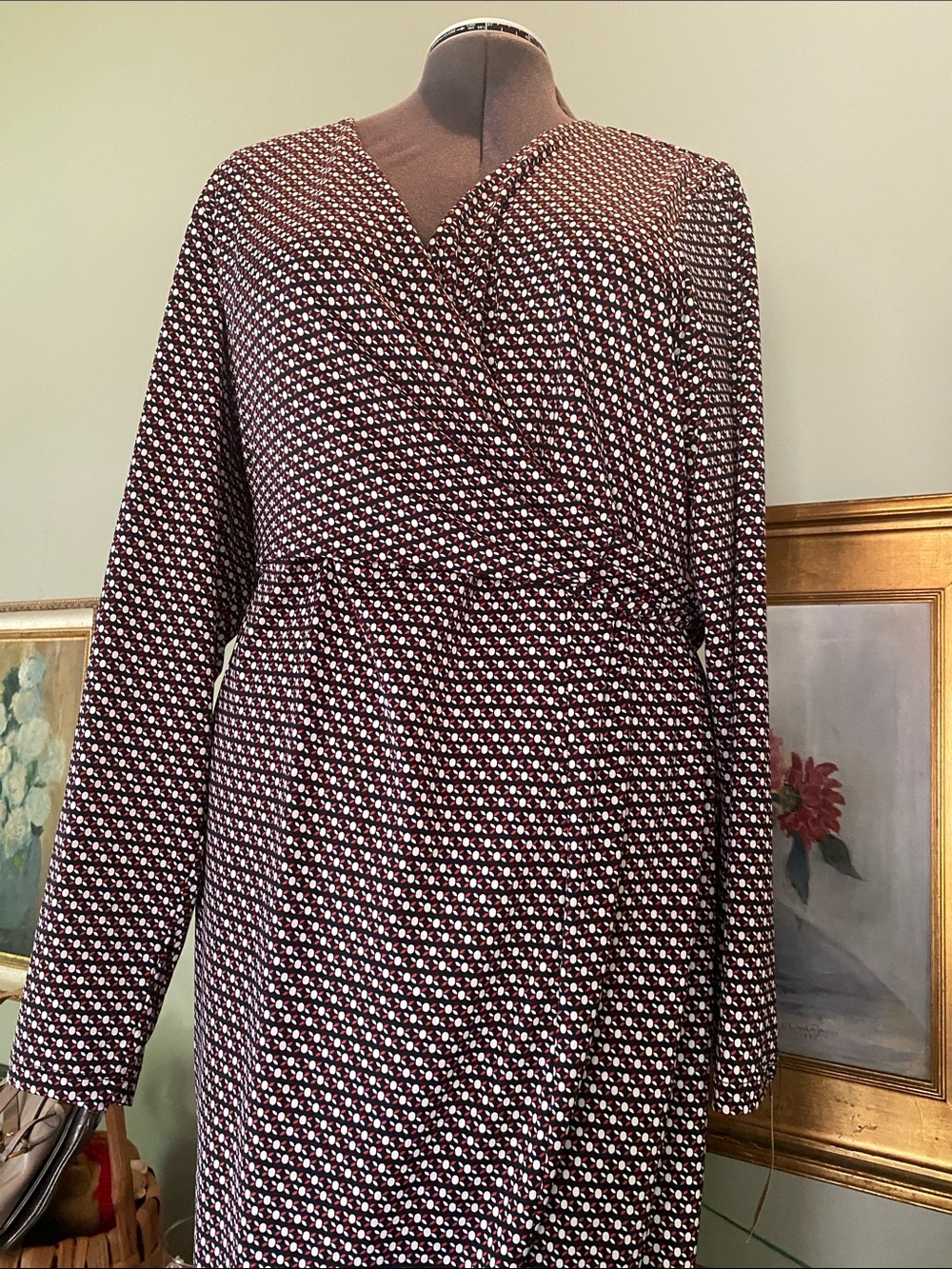Diane Von Furstenberg like wrap dress geometric pattern, long-sleeve midi dress.